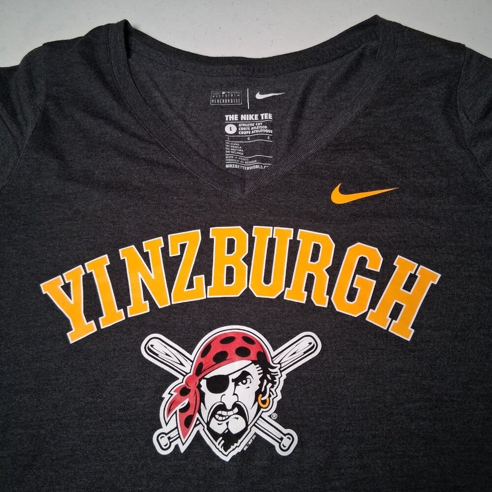 Pittsburgh Pirates Baseball Shirt Women L Athletic Cut V Neck Yinzburgh MLB Nike
